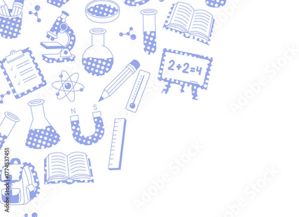 Fototapeta School and science supplies: physics, chemistry, geometry, biology. Back to school. School background for design. Science-themed illustration. Scientific equipment design.