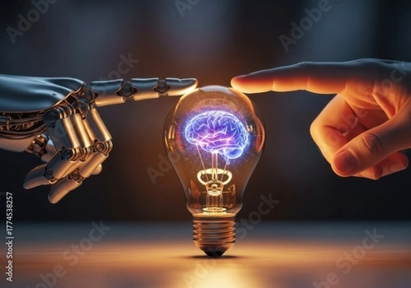 Obraz Human and robot connect to a glowing brain lightbulb