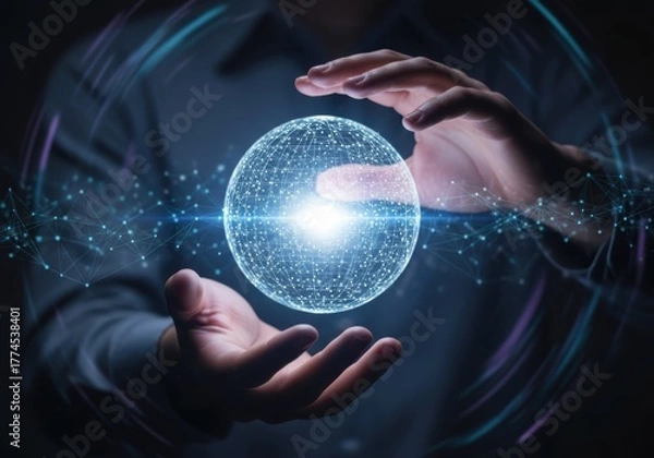 Obraz Hands holding a glowing digital sphere of light and data