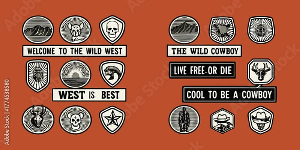 Fototapeta Collection of wild west cowboy emblems and slogans with mountains skulls and animals