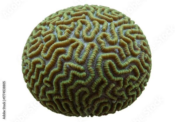 Obraz Spherical green brain coral with a complex labyrinthine pattern isolated on a white background