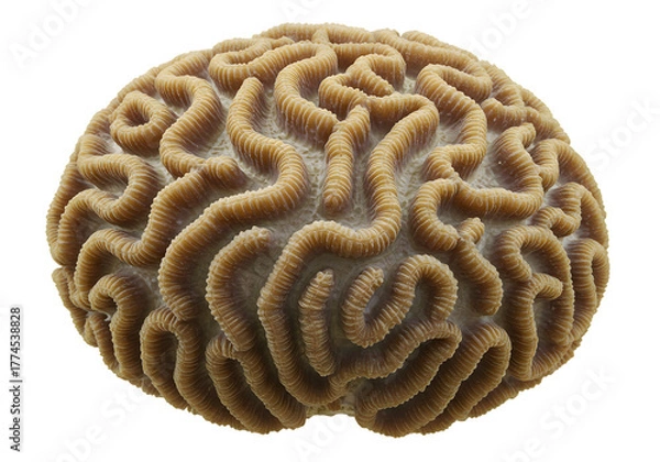 Obraz Close-up of a unique brain coral specimen showcasing its intricate, convoluted surface resembling a human brain, isolated on a pristine white background