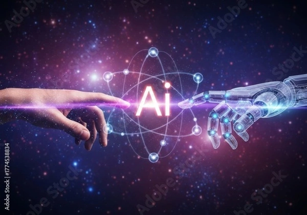 Fototapeta Human and robot touch connecting through artificial intelligence