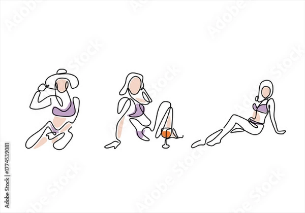 Fototapeta Continuous Line Art of Women Relaxing in Swimwear. line icon-continuous line drawing. Editable stroke.