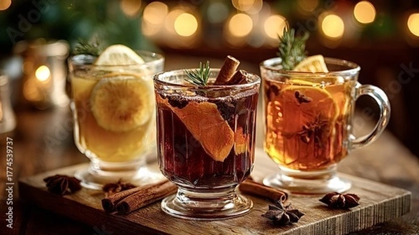 Fototapeta Three glasses of hot mulled wine and cider with spices, orange slices, lemon, rosemary, and cinnamon sticks on a wooden board, creating a cozy holiday atmosphere