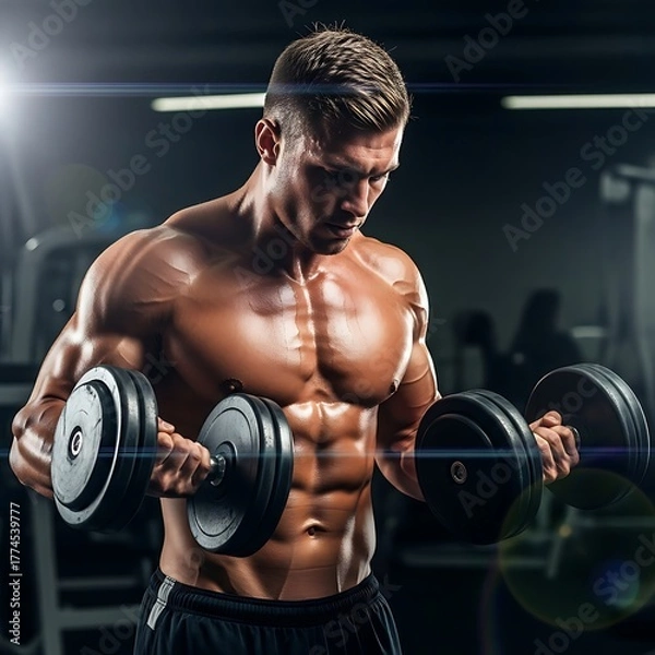 Fototapeta Muscular man lifting dumbbells in a gym, showcasing his strength and physique, with defined abs and biceps, illuminated by a bright light, creating a dynamic and energetic atmosphere
