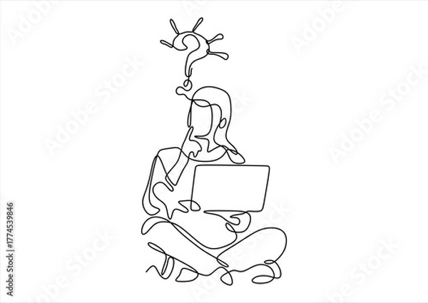 Fototapeta Vector of a thoughtful young woman working on laptop at workplace having some questions. line icon-continuous line drawing. Editable stroke.	
