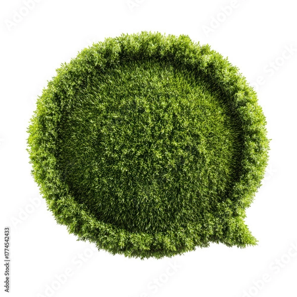 Fototapeta A green grass speech bubble isolated on a black background representing environmental conversation and eco-friendly ideas