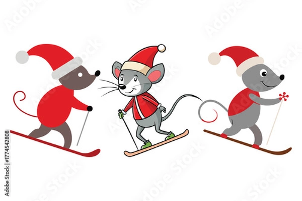 Obraz Festive Mice Skiing in Santa Hats on Snowy Holiday Adventure