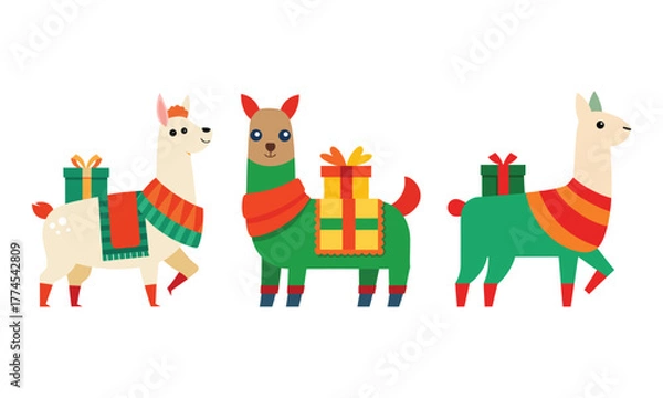 Obraz Festive Llamas Carrying Holiday Gifts in Colorful Outfits