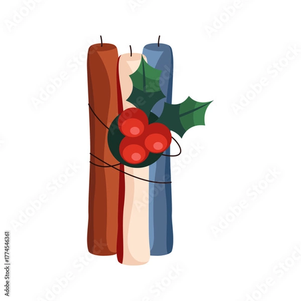 Obraz Isolated Christmas candles with ardisia crenata berry. Vector icon for seasonal winter holiday or Xmas festive. New year item or religious accessory for decoration or ornament. Merry festival element.