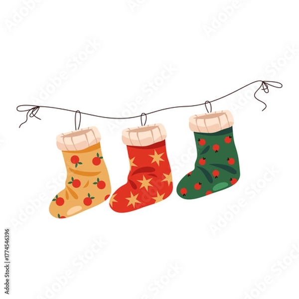 Fototapeta Vector Christmas socks hang on rope. Festive knitted stockings as holiday decoration for gift and candy present. Tradition Xmas and new year ornament for fireplace. Element for merry winter festival.
