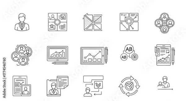 Fototapeta business strategy planning and collaboration shown with line icons illustrating data analysis and teamwork for business development and growth