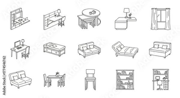 Fototapeta furniture icon set diverse line art of home furnishings for interior design projects illustrating a wide range of furniture styles and arrangements.
