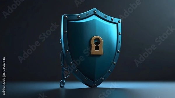 Obraz Blue shield with golden key on top of it against dark background.
