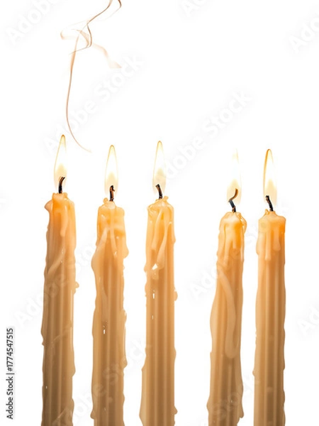Fototapeta Burning Hanukkah Candles with Flame Isolated on White
