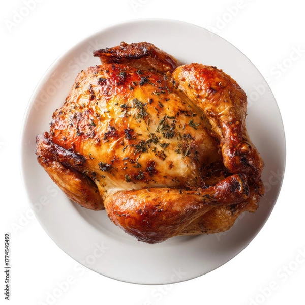 Fototapeta Top down view of a whole golden brown roasted chicken seasoned with herbs served on a simple white plate against a black background