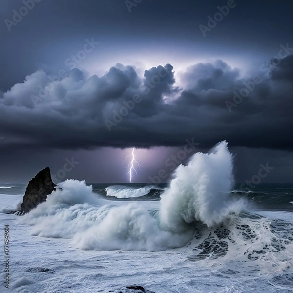 Fototapeta Dramatic seascape with crashing waves and a distant lightning strike illuminating the stormy sky over the ocean, creating a powerful and aweinspiring scene