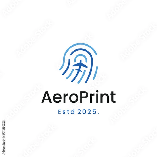 Fototapeta Modern AeroPrint logo design featuring fingerprint and airplane, ideal for branding travel tech or future-forward aviation companies looking for a unique brand identity