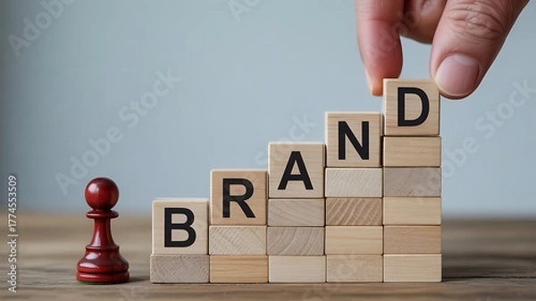 Fototapeta Building a strong brand with wooden blocks and a chess piece