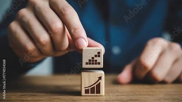 Obraz Wooden blocks with growth chart symbol arranged to show upward trend