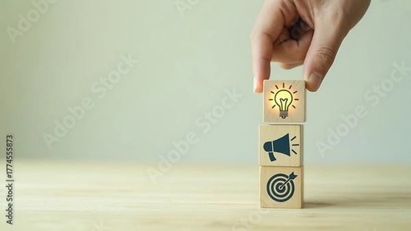 Fototapeta Hand stacking wooden blocks with icons of lightbulb, megaphone, target