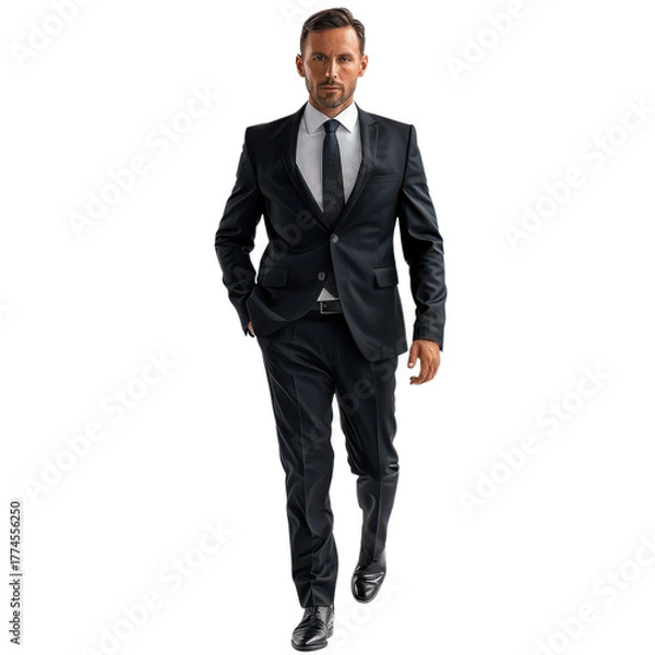 Fototapeta Stylish man walking confidently in a sleek black suit with a tie on a plain background on transparent background