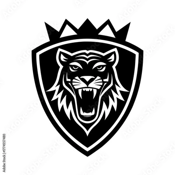 Obraz roaring tiger face with crown above shield elegant.