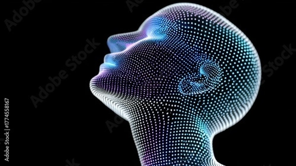 Fototapeta Head with a blue and purple face is shown in a black background. The head is made up of many small dots, giving it a futuristic and otherworldly appearance. Concept of mystery and intrigue