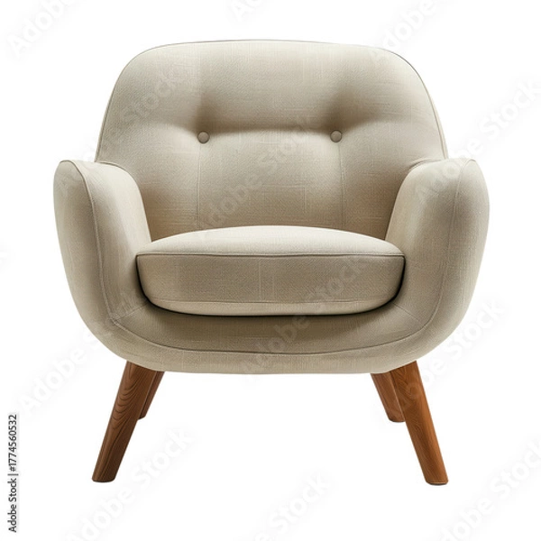 Fototapeta Comfortable beige armchair with wooden legs in a minimalist design perfect for modern living spaces on transparent background