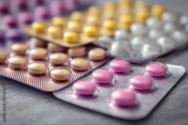 Obraz Close Up of Hormone Therapy Blister Packs in Varying Color Palettes: A Conceptual Still Life of Women's Health, Focusing on Medications and Fertility Options, Arrayed on Textured Surface