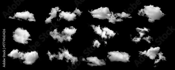 Fototapeta Realistic isolated cloud set on black background, perfect for sky replacement, and graphic design projects. High-resolution fluffy clouds with soft edges for photo compositing and effects.
