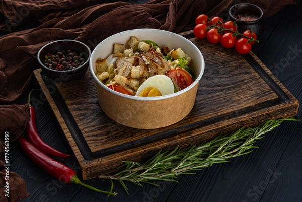 Obraz Caesar salad with chicken in disposable bowl