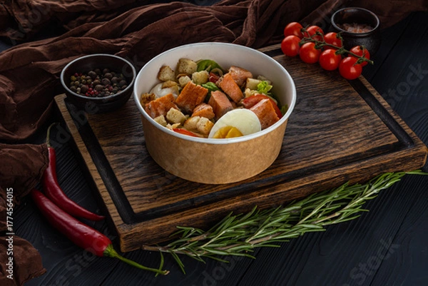 Obraz Caesar salad with salmon in disposable bowl