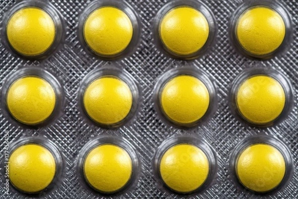 Obraz Yellow Pills in Silver Blister Pack: Close Up of Pharmaceutical Medication, Remedy for Health, Vitamins and Dietary Supplements on Textured Backdrop, Focus on Prescription Drugs
