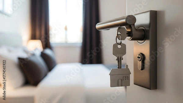 Fototapeta key in door lock with house charm. bedroom door with key in lock and small house key chain concept for real estate hotel rental