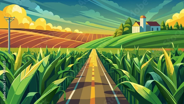 Fototapeta Very beautiful close-up view of a cornfield along Route 30 in Iowa, USA, showcasing lush green corn stalks, the rural roadside, and the rich agricultural landscape of the Midwest.