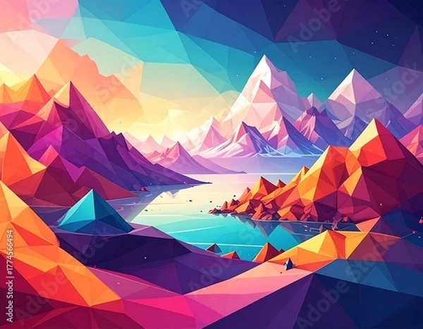 Fototapeta Abstract polygonal mountain landscape with lake, rendered in vibrant, low-poly, faceted style