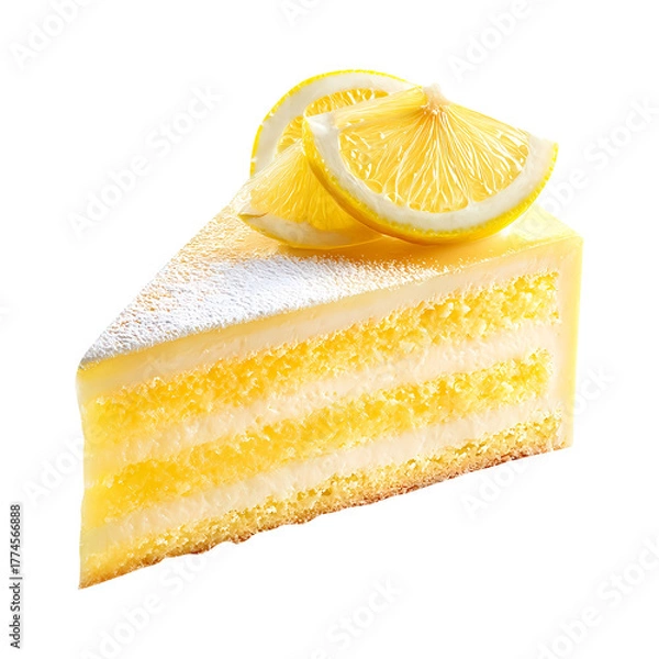 Fototapeta Lemon cake slice, isolated on white background, realistic, studio lighting, centered, no shadow, transparent background