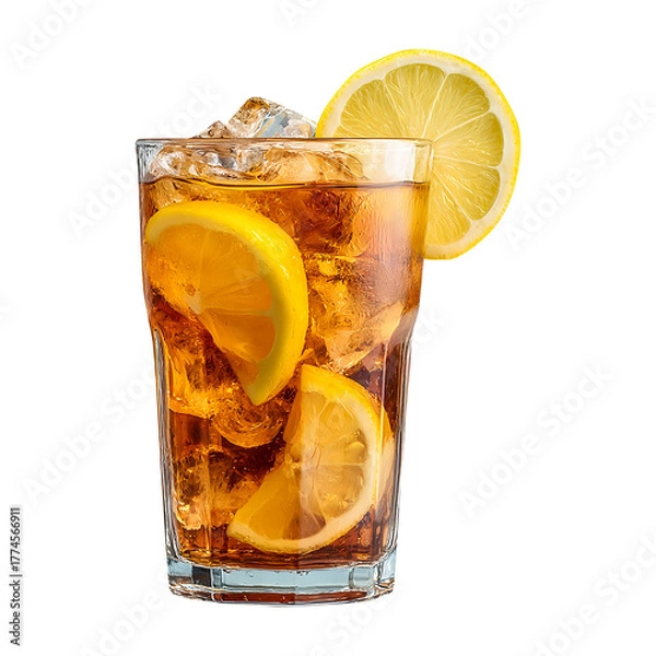 Fototapeta Lemon iced tea glass, isolated on white background, realistic, studio lighting, centered, no shadow, transparent background