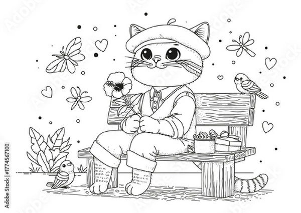 Obraz A romantic cat in a cap sits on a bench holding a flower. Coloring page for children and adults. Black and white illustration for coloring.