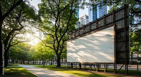 Fototapeta Blank billboard in a park with trees and sunlight shining through the leaves, with city buildings in the background, creating a peaceful urban scene
