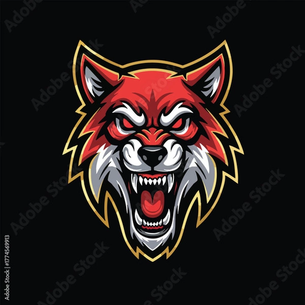 Obraz Fierce Red Fox Mascot Head with Aggressive Expression and Gold Trim