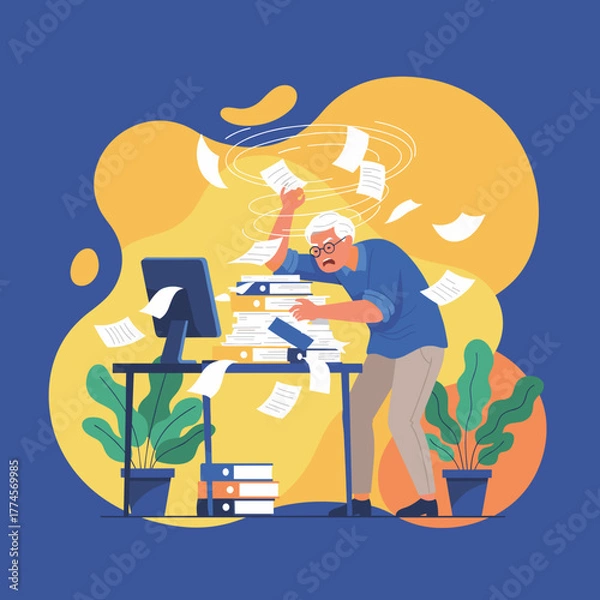 Fototapeta Senior worker stressed and overwhelmed by chaotic paperwork and excessive office workload