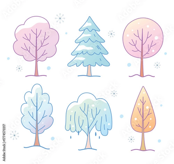 Fototapeta Beautiful whimsical winter tree doodle vector isolated gradient illustration. Clip art of pastel tree cartoon for asset, landscape, book, design, background