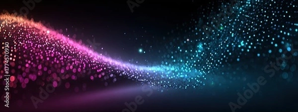 Fototapeta Abstract particle wave motion, vibrant gradient of pink orange to blue, flowing energy background, for digital design project, multimedia presentation, tech wallpaper.