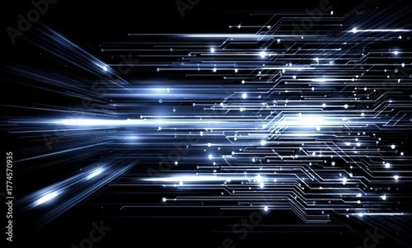 Fototapeta Minimalist circuit trace design, white luminous dots and lines on black, tech infrastructure background, for software UI background, electronic product packaging, corporate report.