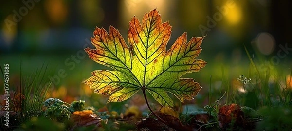 Fototapeta Detailed maple leaf macro, green to orange color transition with visible veins, soft bokeh background, for autumn season design, wellness blog imagery, calendar print, natural theme decoration.