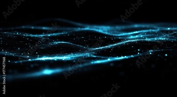 Obraz Dynamic light trail, flowing blue wave lines with sparkling dots on black, for motion background, technology promotion, energy and speed concept visual.