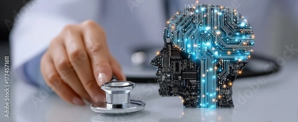 Obraz Digital healthcare diagnosis, stethoscope examining human head silhouette with glowing circuit board patterns, for AI medical technology, biotech fusion, neurology and connected health concept.